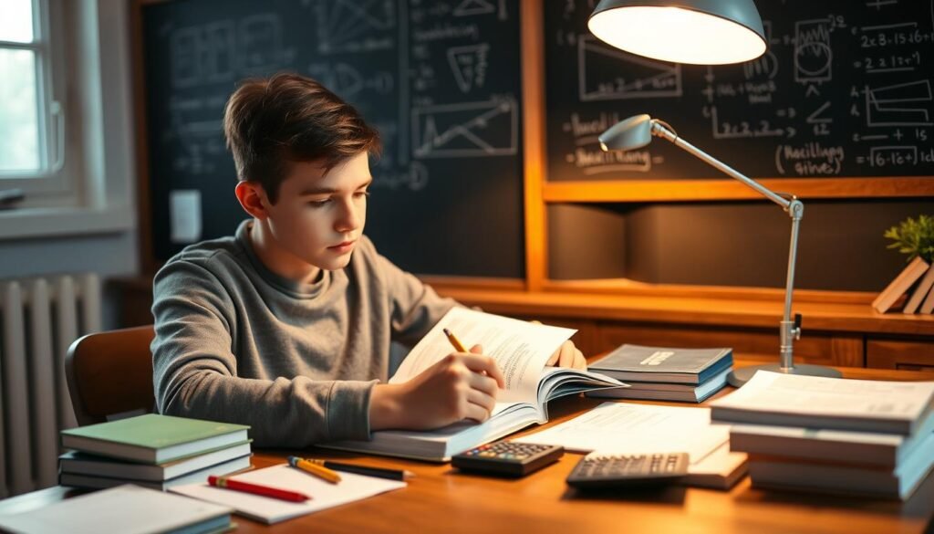 A cozy study space with a student sitting at a wooden desk, focused on their GCSE maths workbook. Warm lighting from a desk lamp illuminates the scene, casting a soft glow on the textbooks, pencils, and calculator scattered across the surface. In the background, a chalkboard with diagrams and formulas hangs on the wall, providing a academic atmosphere. The student's expression is one of concentration, reflecting the dedication and hard work required for GCSE maths success.