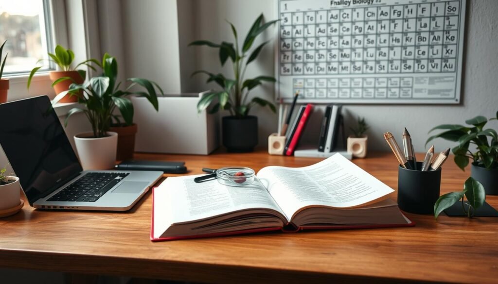 A neatly organized study space with a wooden desk, a laptop, and an open biology textbook. Vibrant plants and a wall-mounted periodic table add a sense of academic atmosphere. Soft, natural lighting filters through the window, creating a calming, focused environment. A magnifying glass and a petri dish with a specimen sit atop the desk, hinting at the hands-on nature of A-level biology. The overall scene conveys a sense of diligent preparation for the upcoming exam.