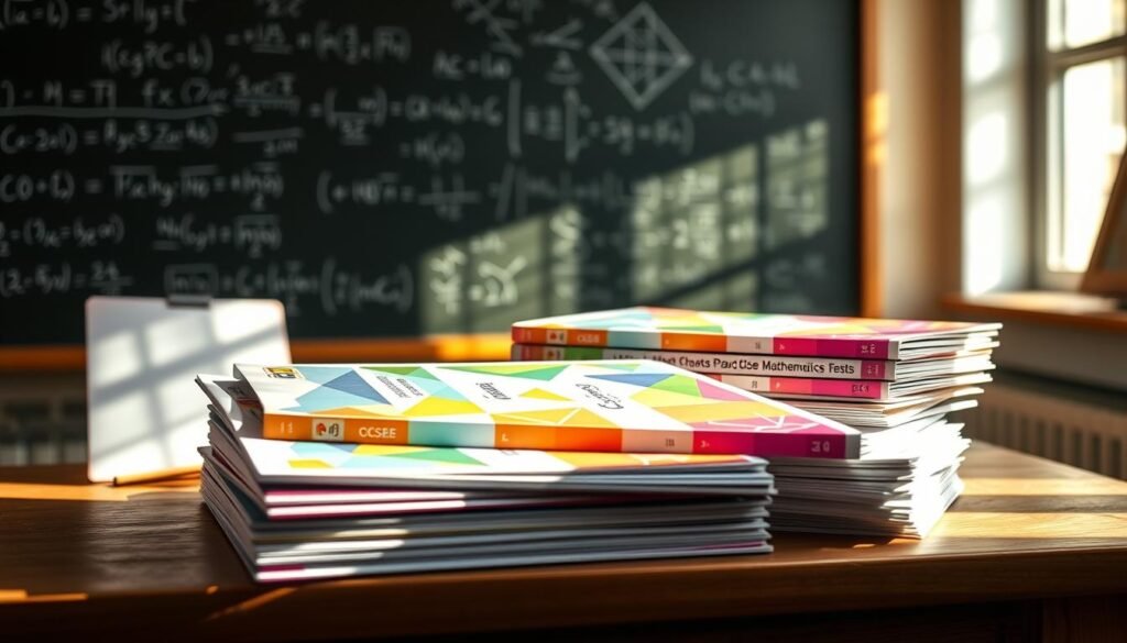 A stack of GCSE mathematics practice test booklets, neatly arranged on a wooden desk. The books have colorful covers with geometric patterns and equations. Warm, natural light streams through a window, casting soft shadows across the desk. In the background, a chalkboard displays complex mathematical formulas, creating an academic atmosphere. The overall mood is focused and studious, conveying the importance of thorough preparation for GCSE math exams.