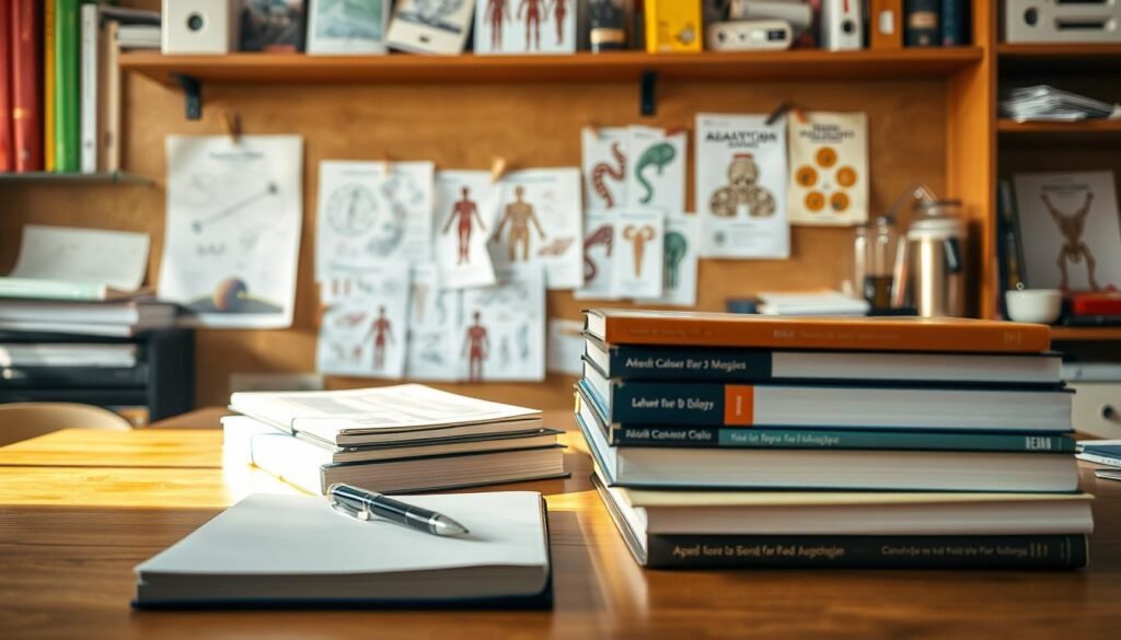 A well-lit tabletop scene with a variety of A-level biology revision resources arranged neatly. In the foreground, a stack of textbooks, a notebook, and a pen. In the middle ground, scientific diagrams and illustrations pinned to a cork board, highlighting key biological concepts. In the background, a shelf displaying various reference materials, such as anatomy atlases and laboratory equipment. The scene is bathed in warm, natural lighting, conveying a sense of studiousness and academic focus. The overall atmosphere is one of diligence and preparation for the A-level biology examinations.