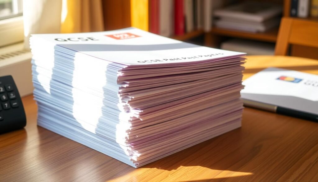 A neatly organized stack of academic papers, GCSE Past Papers and Mark Schemes, sitting on a wooden desk. The papers have a crisp, clean appearance, with official-looking headers and logos. Warm, natural lighting bathes the scene, creating a studious and focused atmosphere. The desk is free of distractions, allowing the viewer to concentrate on the educational materials. The overall composition conveys a sense of academic rigor and the availability of these valuable learning resources.
