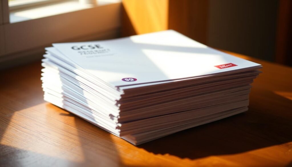 A stack of neatly organized GCSE past examination papers, their covers adorned with logos and subject titles, resting on a wooden desk under warm, directional lighting. The papers cast soft shadows, conveying a sense of academic focus and the importance of past performance in guiding future academic success. The background is blurred, keeping the past papers as the central point of interest, inviting the viewer to engage with the subject matter.